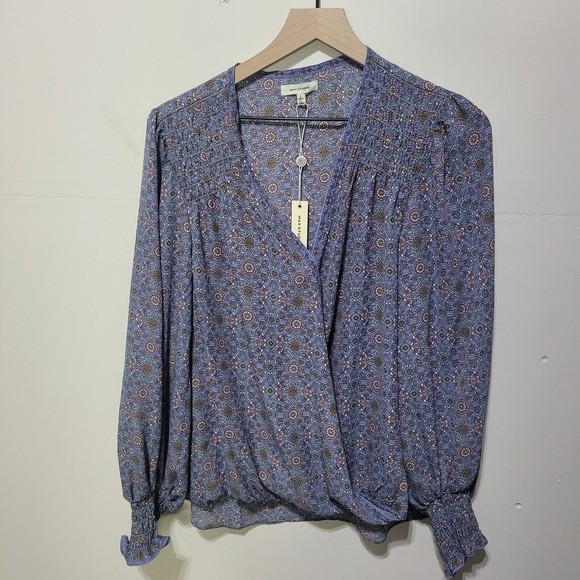 Max Studio Women's Crepe Shirtale Wrap Floral Print Surplice Blouse L - Picture 2 of 12